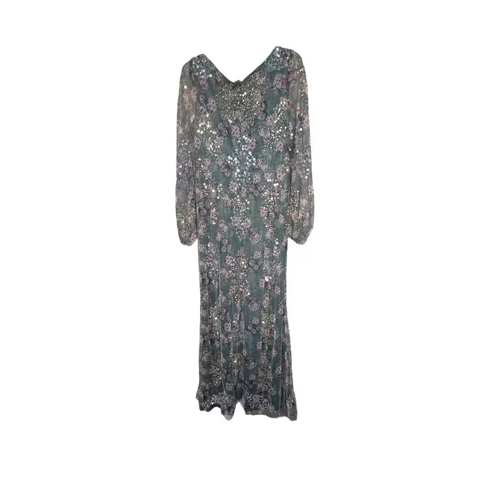 Mac Duggal NWT Floral Printed Sequin Formal Gown in Grey Multi Size 10 - Picture 5 of 8